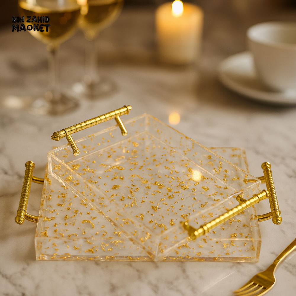 GOLD-FLAKE RESIN TRAY DUO – ELEGANT KITCHEN & DINING SERVEWARE WITH METAL HANDLES