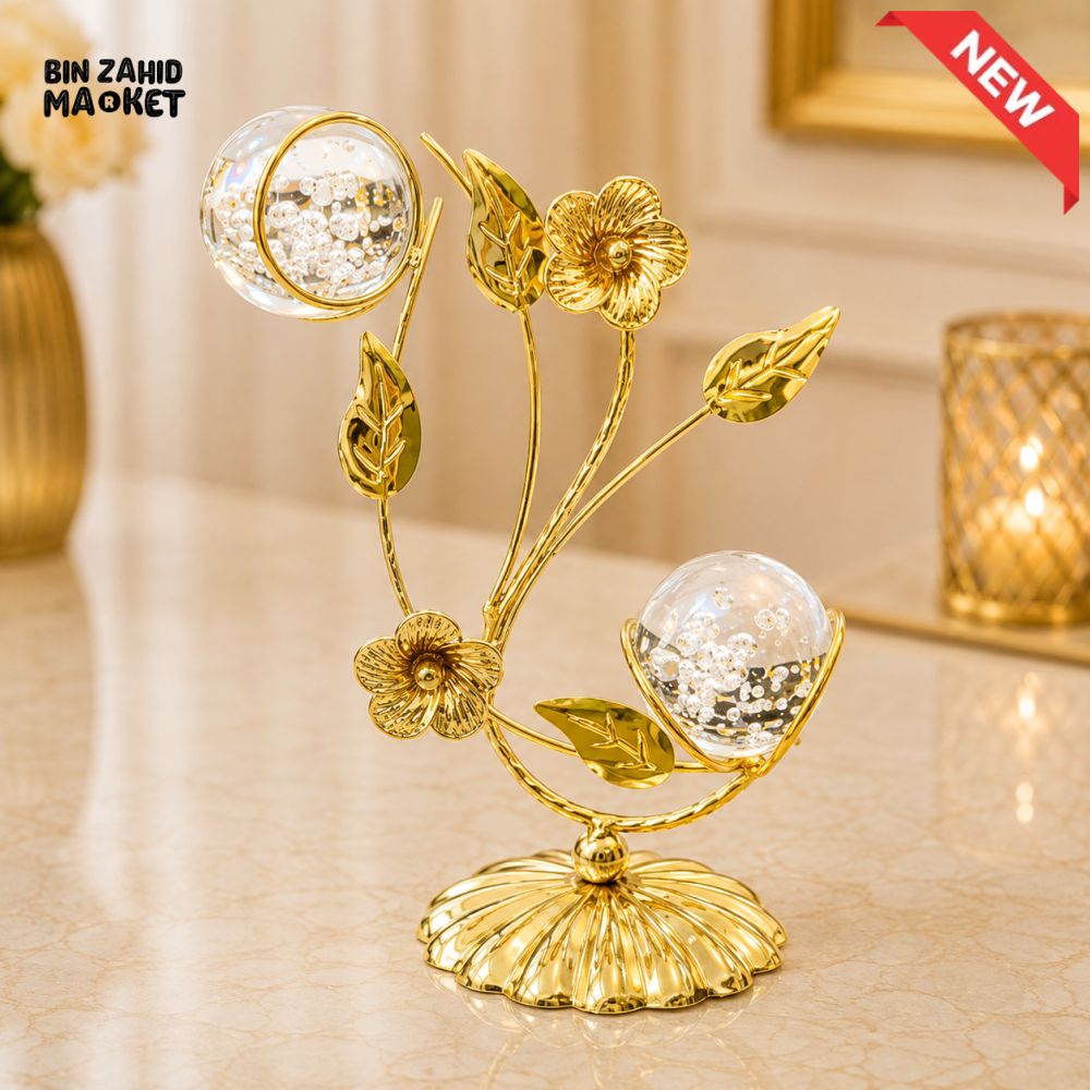 GOLD FLORAL DOUBLE CRYSTAL ORB TABLE DECOR