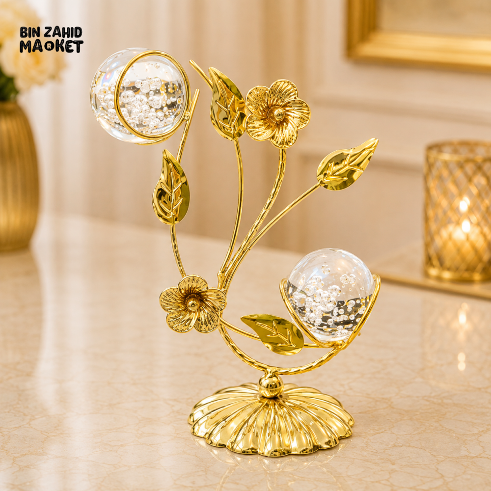 GOLD FLORAL DOUBLE CRYSTAL ORB TABLE DECOR