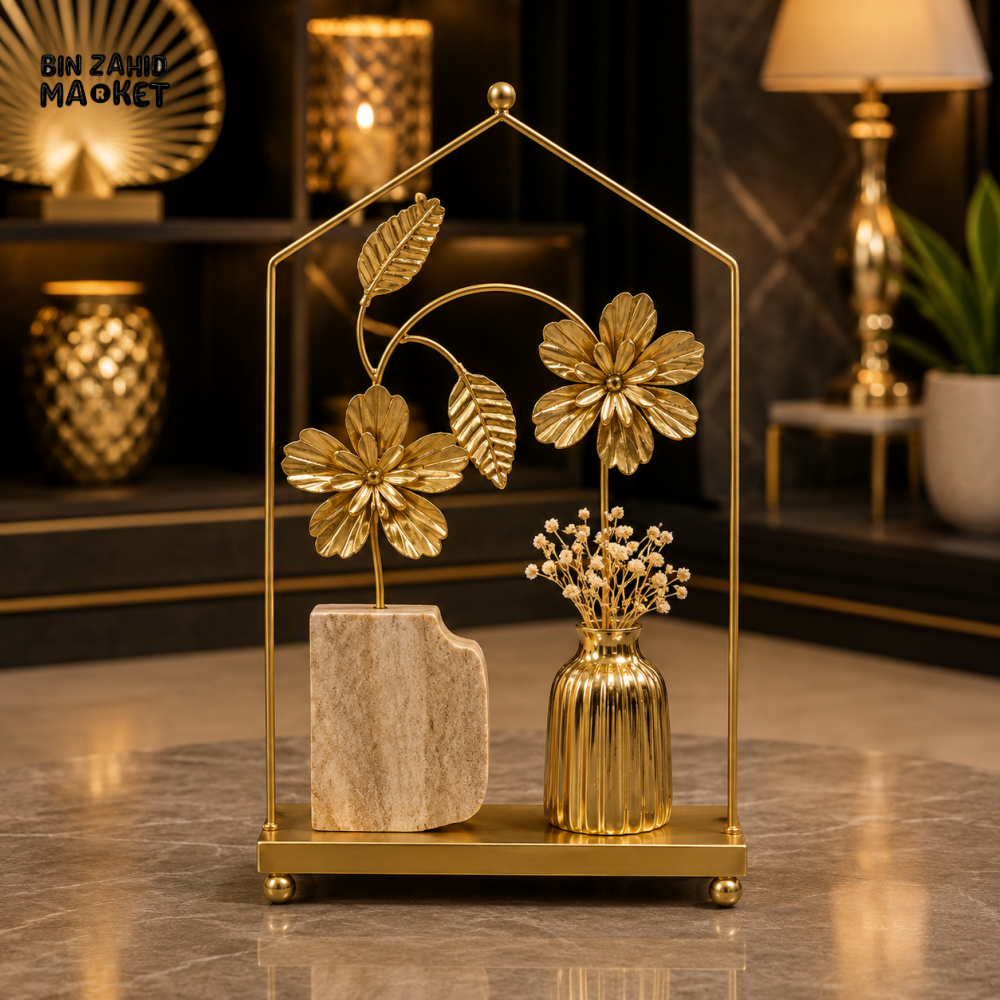 GOLD FLORAL HOUSE FRAME DECORATIVE SHOWPIECE WITH MINI VASE