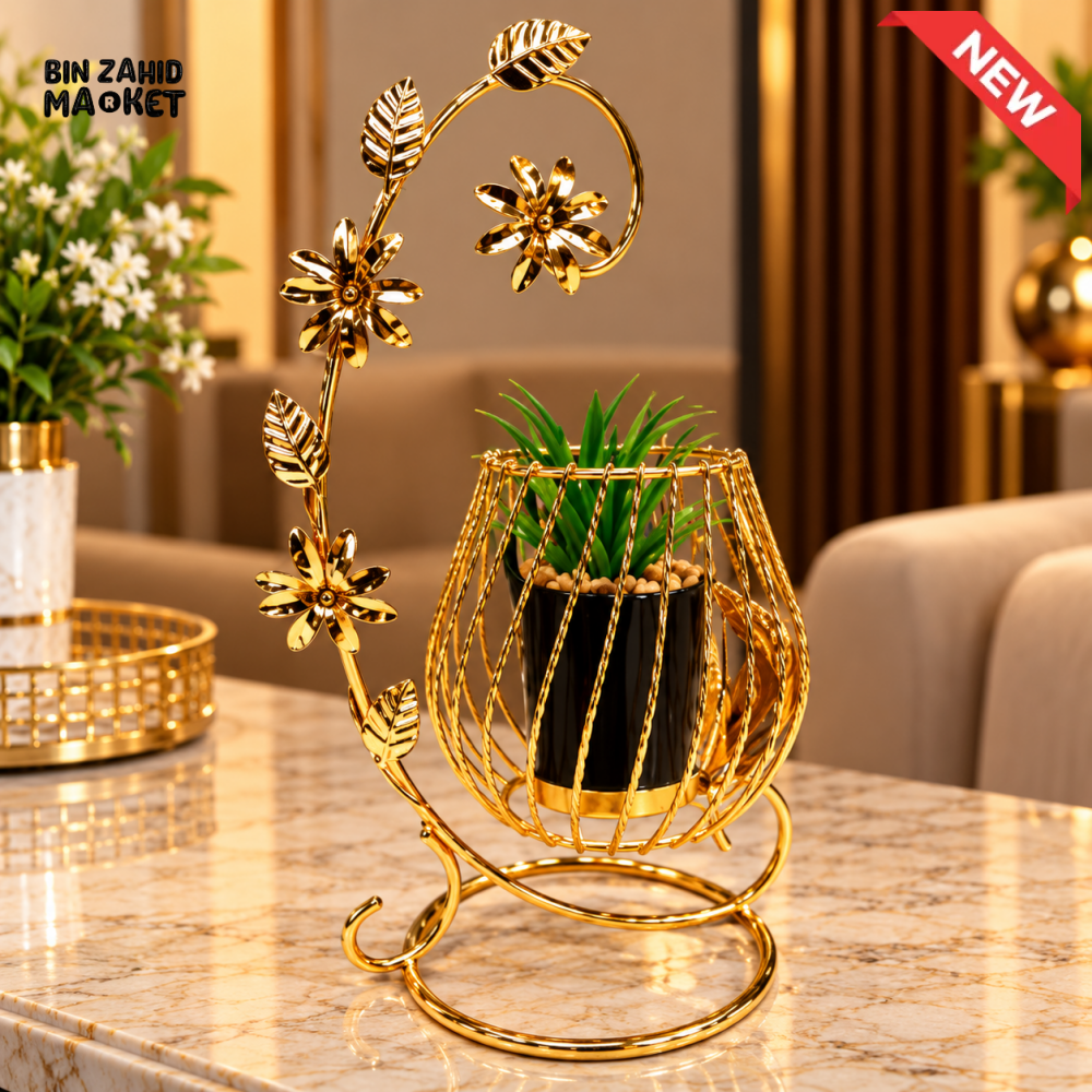 GOLD FLORAL METAL ARTIFICIAL PLANT HOLDER - Artificial Plants & Flowers