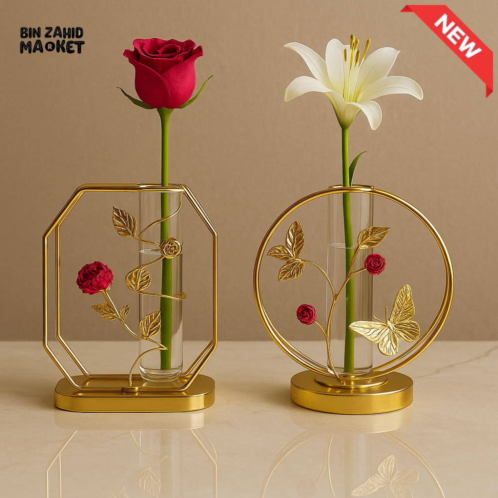 GOLD GEOMETRIC & ROUND FRAME VASE 1 PIECE – SINGLE-STEM GLASS TUBE