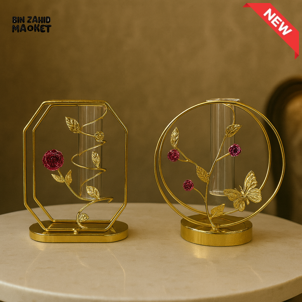 GOLD GEOMETRIC & ROUND FRAME VASE 1 PIECE – SINGLE-STEM GLASS TUBE