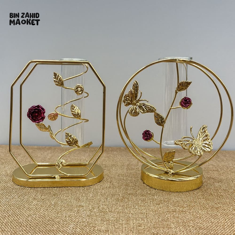 GOLD GEOMETRIC & ROUND FRAME VASE 1 PIECE – SINGLE-STEM GLASS TUBE