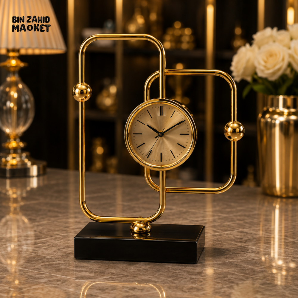 GOLD GEOMETRIC TABLE CLOCK WITH BLACK BASE