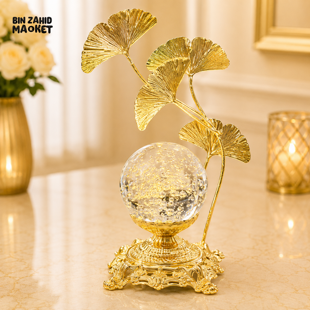 GOLD GINKGO LEAF CRYSTAL ORB TABLE DECOR