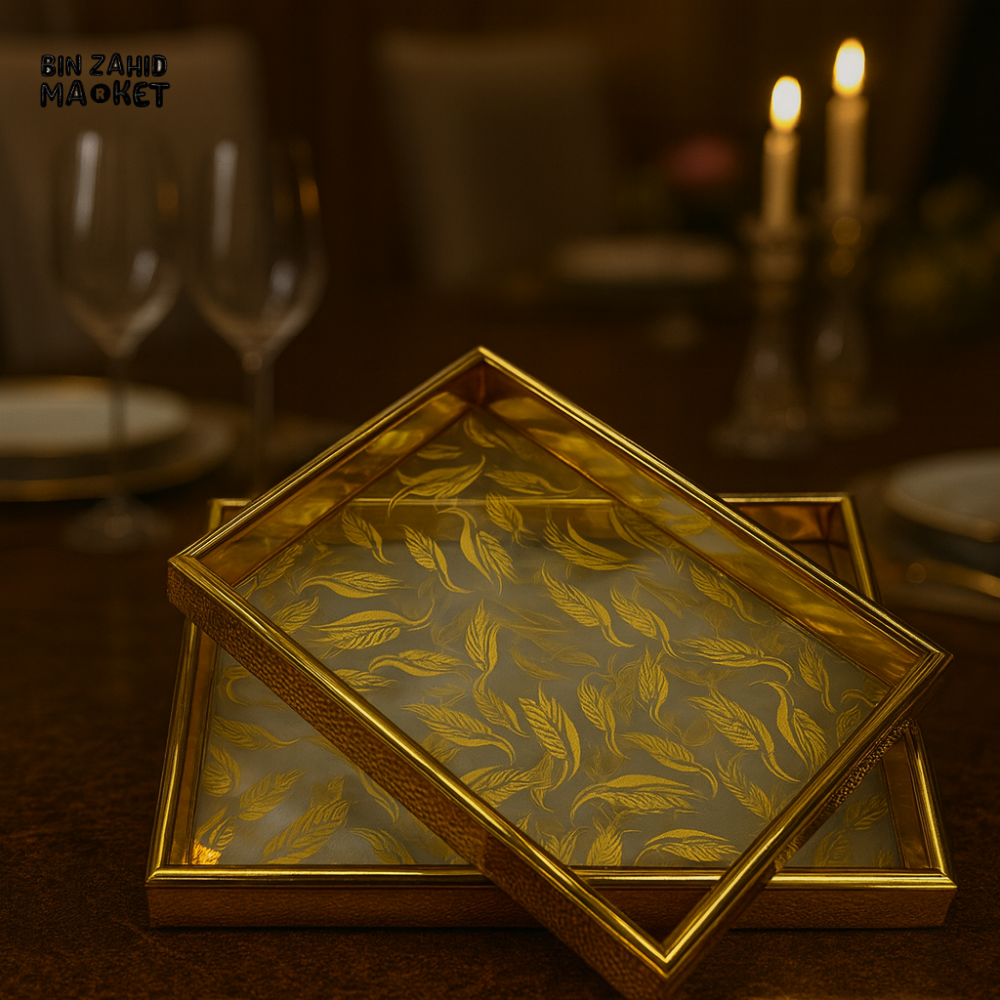 GOLD LEAF DESIGN RECTANGULAR TRAYS – LUXURY DINING TABLE TEA/COFFEE & DECOR DISPLAY – 2-PIECE SET