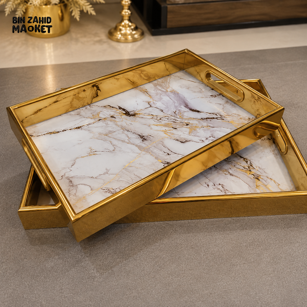 GOLD MARBLE EFFECT RECTANGULAR SERVING TRAY SET