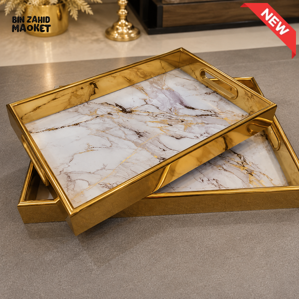 GOLD MARBLE EFFECT RECTANGULAR SERVING TRAY SET