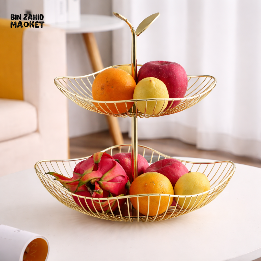 GOLD METAL 2-TIER FRUIT BASKET STAND