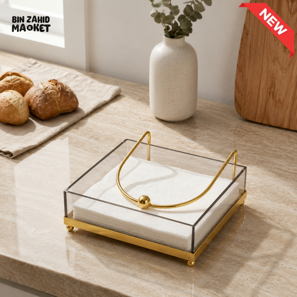 GOLD METAL AND CLEAR ACRYLIC TABLE NAPKIN HOLDER