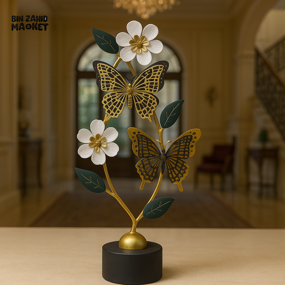 GOLD METAL BUTTERFLY DECOR ON BLACK BASE – LUXURY TABLE ORNAMENT