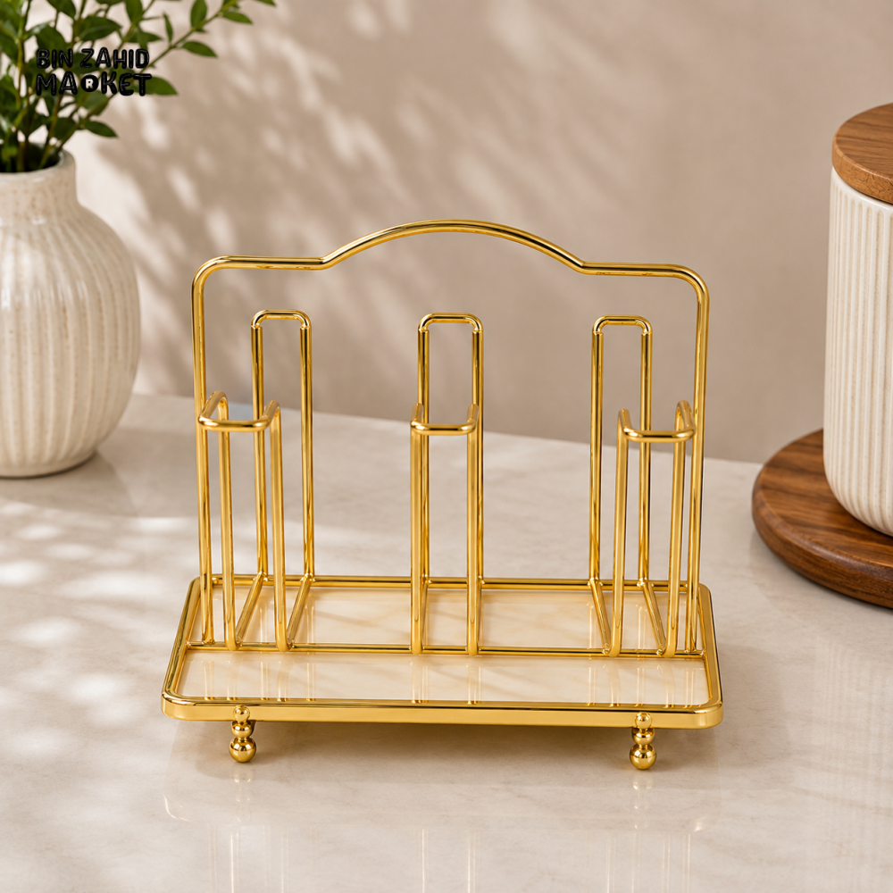 GOLD METAL CUP AND SAUCER HOLDER STAND WITH RECTANGULAR BASE