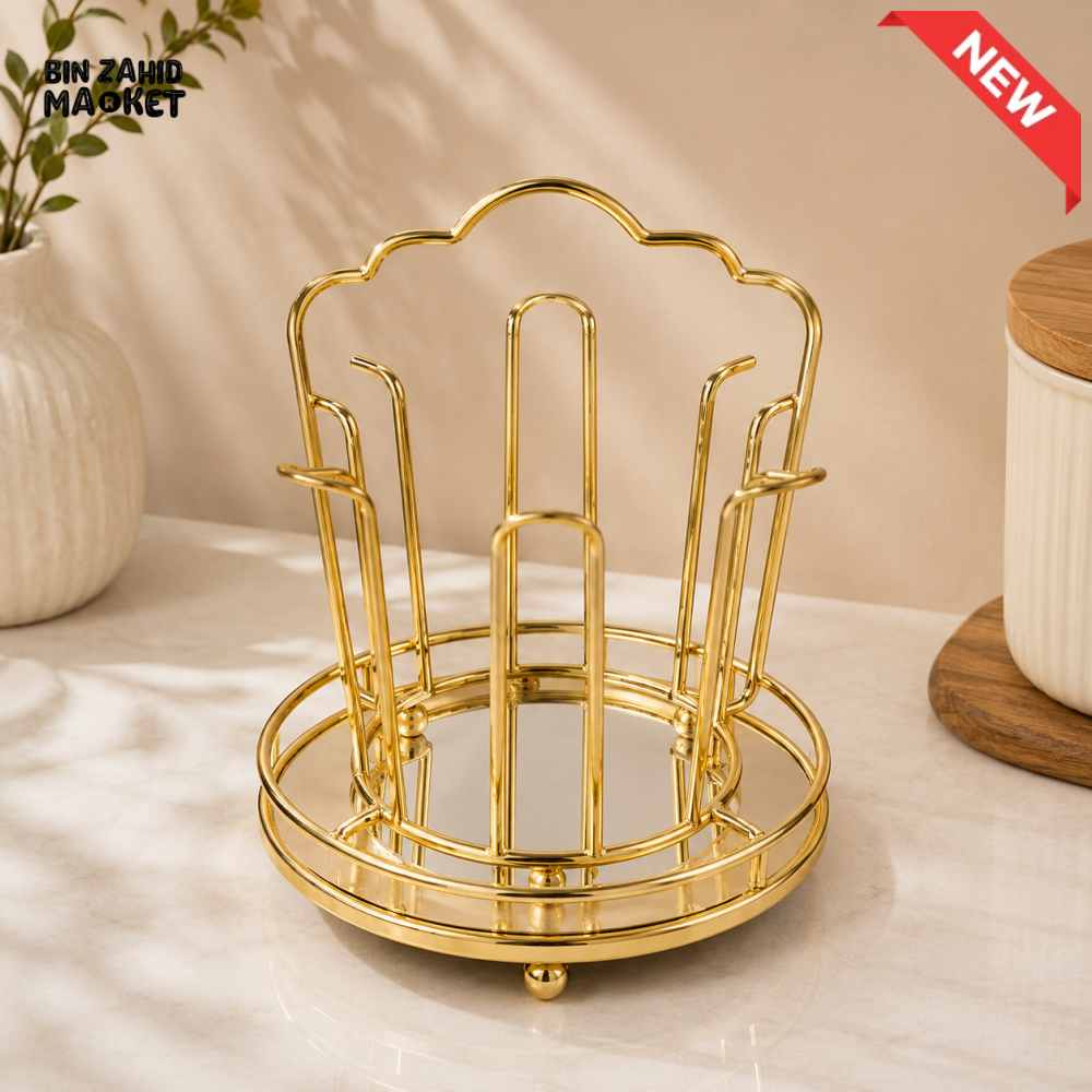 GOLD METAL CUP AND SAUCER HOLDER STAND WITH ROUND BASE