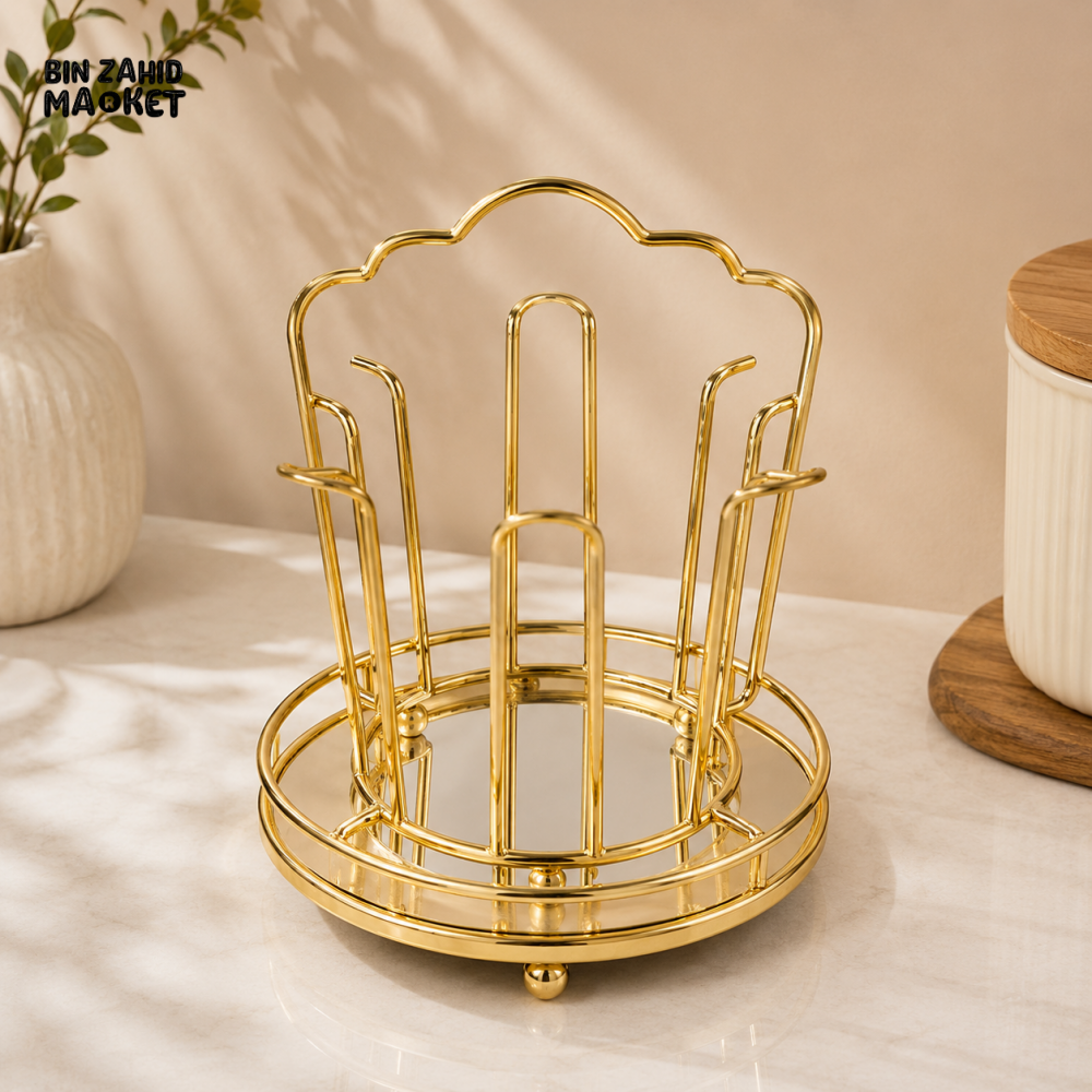 GOLD METAL CUP AND SAUCER HOLDER STAND WITH ROUND BASE