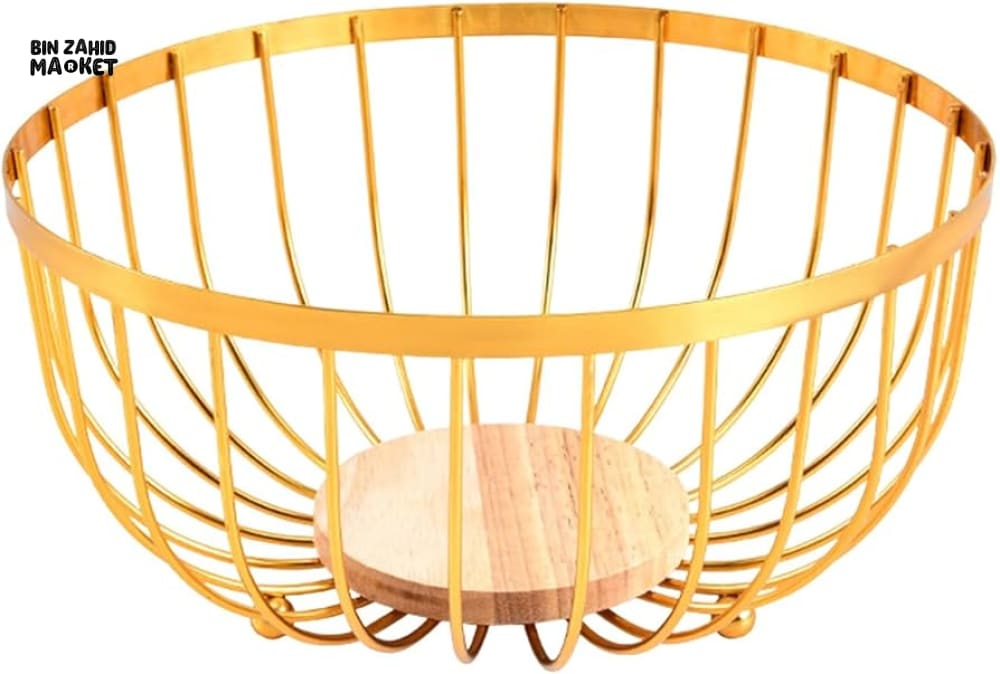 GOLD METAL FRUIT & BREAD BASKET – ROUND WIRE STORAGE BOWL