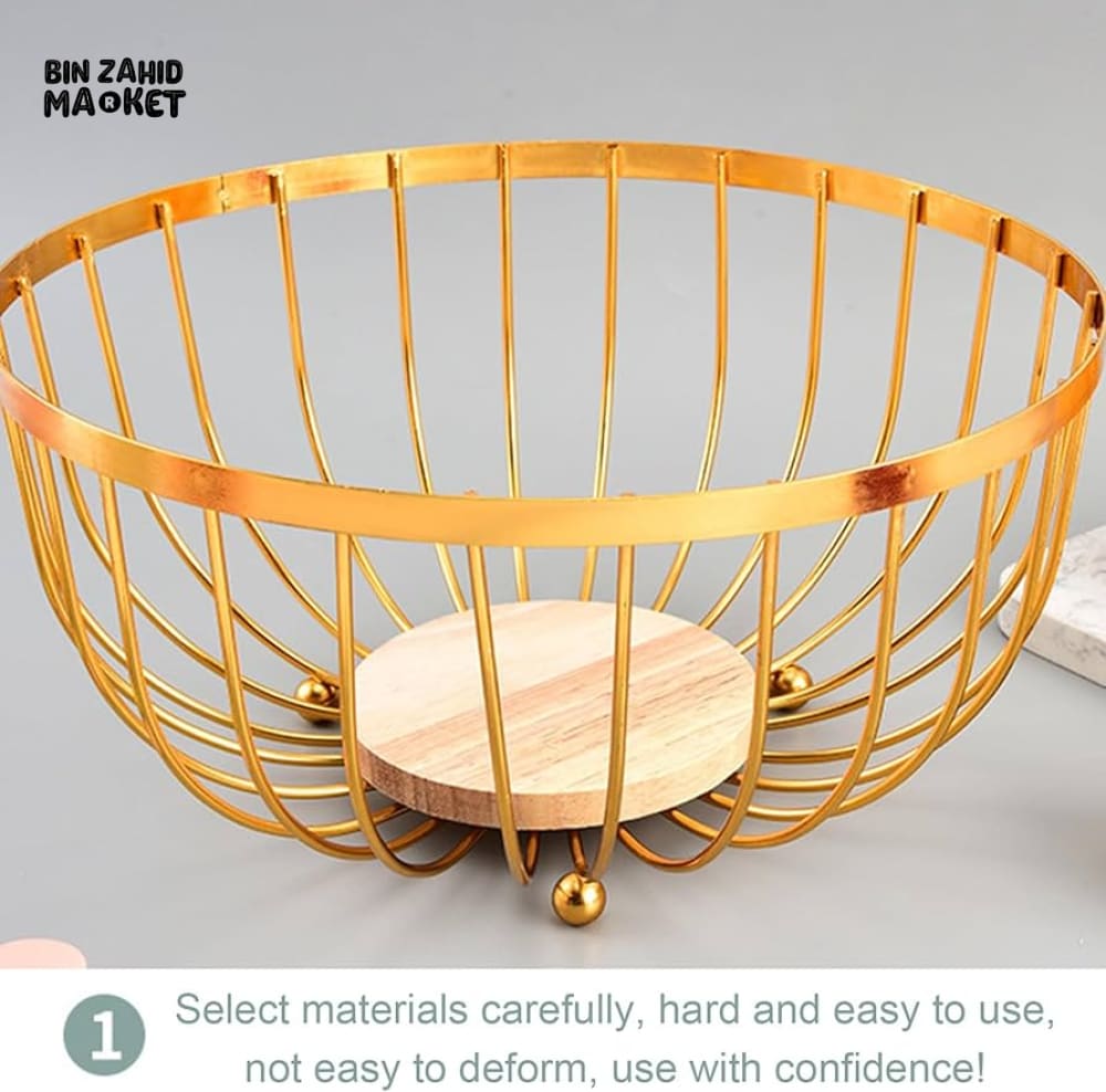 GOLD METAL FRUIT & BREAD BASKET – ROUND WIRE STORAGE BOWL