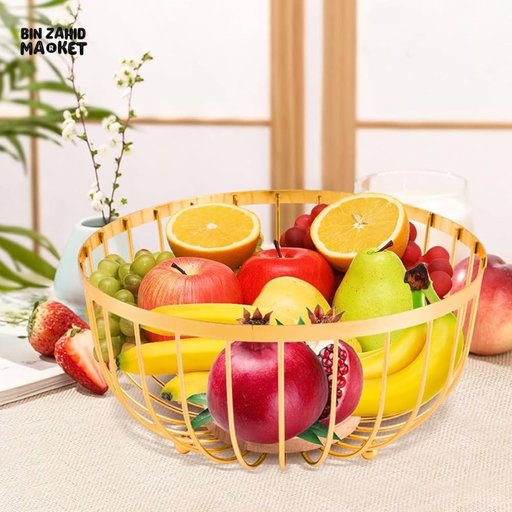 GOLD METAL FRUIT & BREAD BASKET – ROUND WIRE STORAGE BOWL