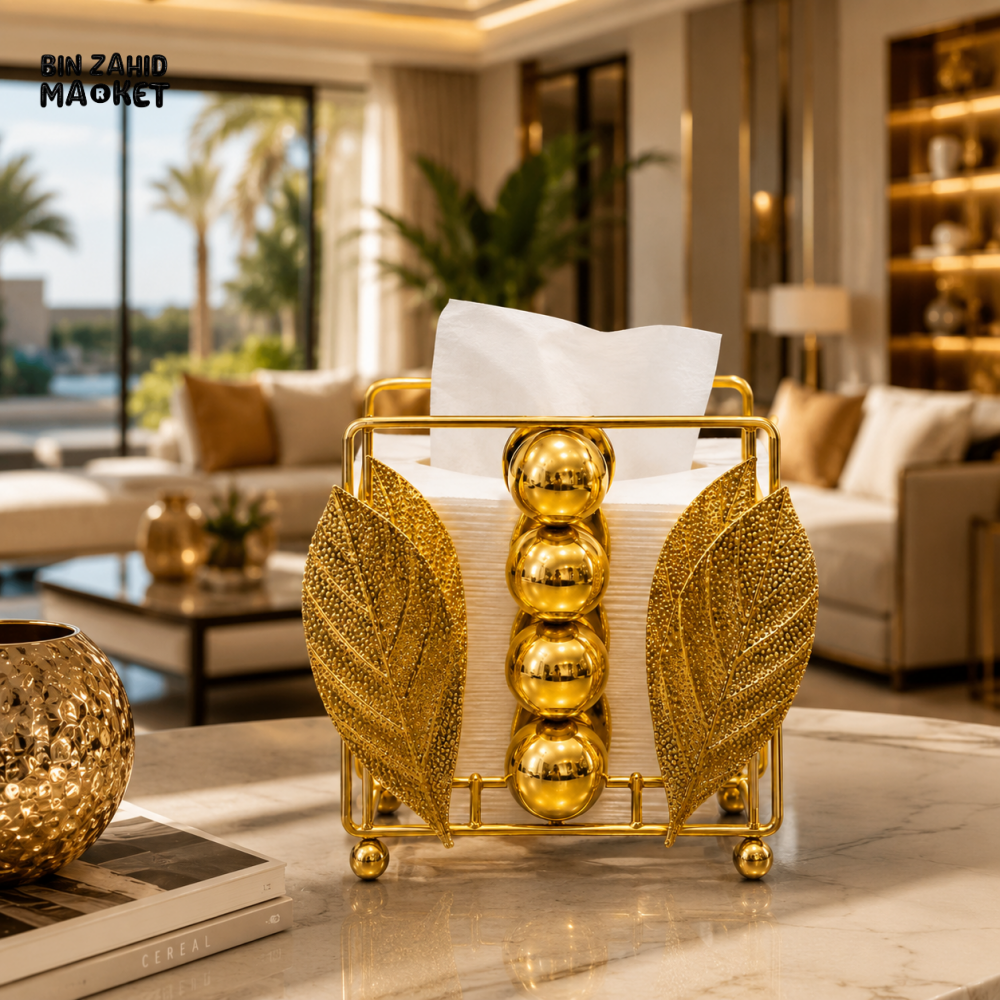 GOLD METAL LEAF AND SPHERE TABLETOP DECOR NAPKIN HOLDER