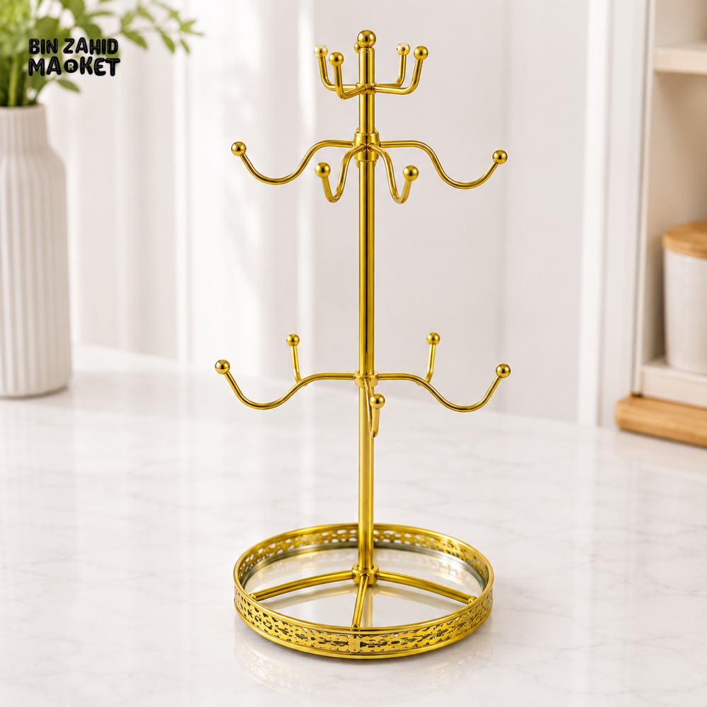 GOLD METAL MULTI-HOOK CUP & MUG HOLDER STAND WITH TRAY - GOLDEN