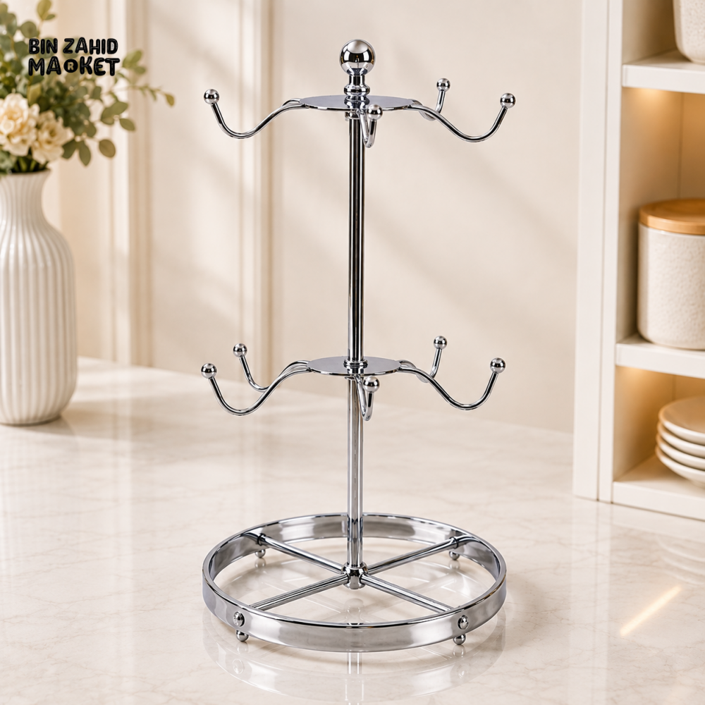 GOLD METAL MULTI-HOOK CUP & MUG HOLDER STAND WITH TRAY - SILVER