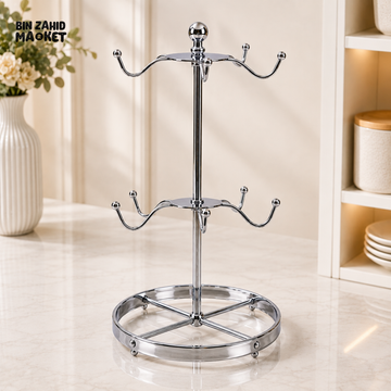 GOLD METAL MULTI-HOOK CUP & MUG HOLDER STAND WITH TRAY - SILVER