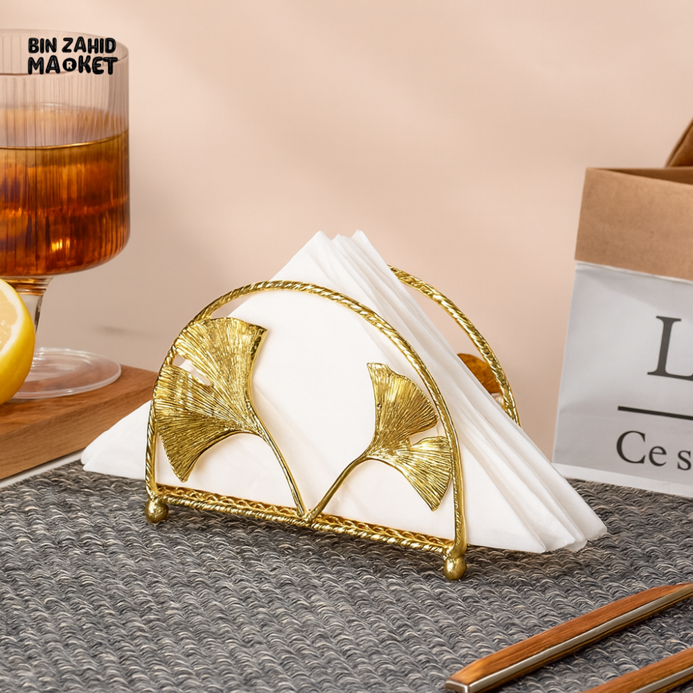 GOLD METAL NAPKIN HOLDER WITH GINKGO LEAF DESIGN – LUXURY VILLA DINING TABLE DECOR YM2813G