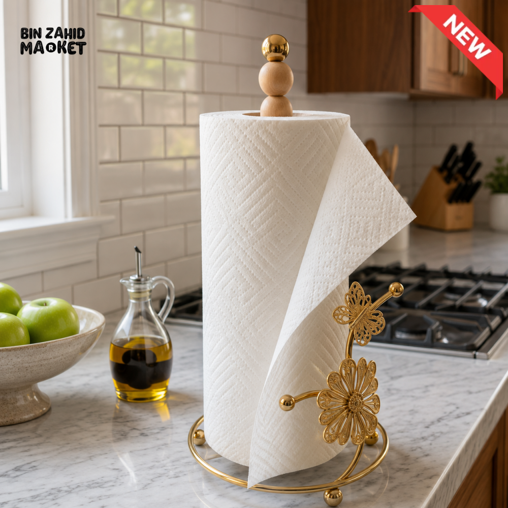 GOLD METAL PAPER TOWEL HOLDER WITH WOODEN BEADS AND FLORAL DESIGN