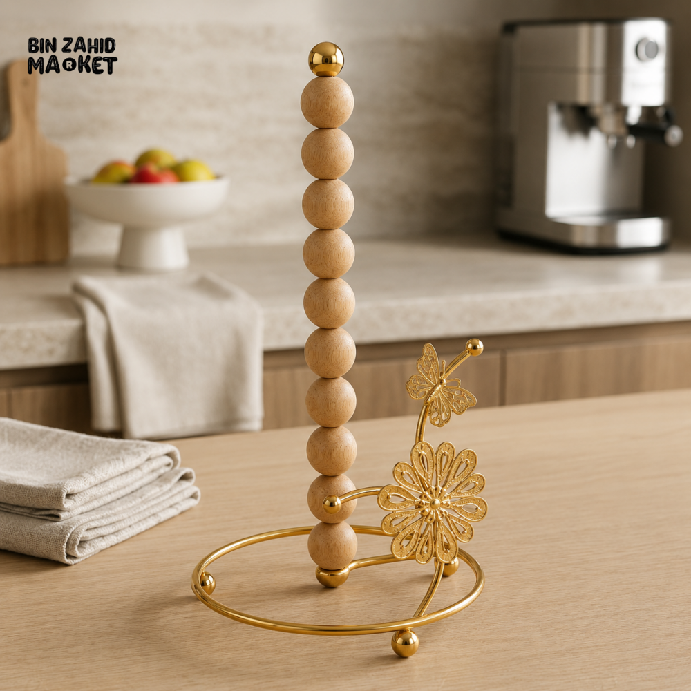 GOLD METAL PAPER TOWEL HOLDER WITH WOODEN BEADS AND FLORAL DESIGN
