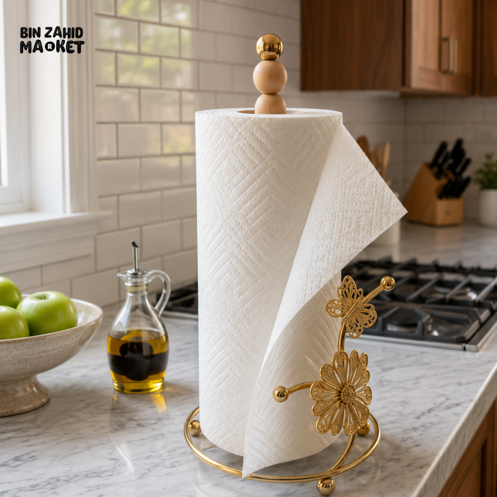 GOLD METAL PAPER TOWEL HOLDER WITH WOODEN BEADS AND FLORAL DESIGN