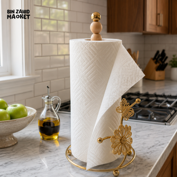 GOLD METAL PAPER TOWEL HOLDER WITH WOODEN BEADS AND FLORAL DESIGN