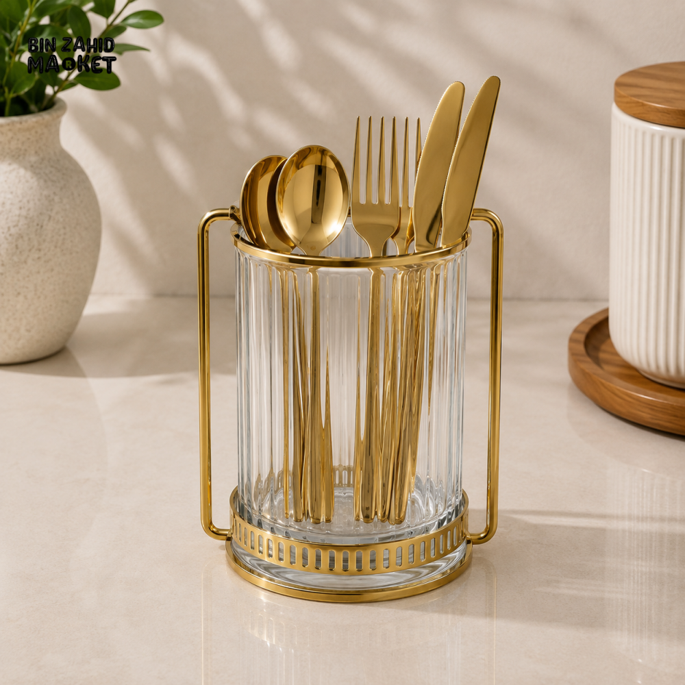 GOLD METAL SPOON AND CUTLERY HOLDER WITH RIBBED CLEAR CONTAINER