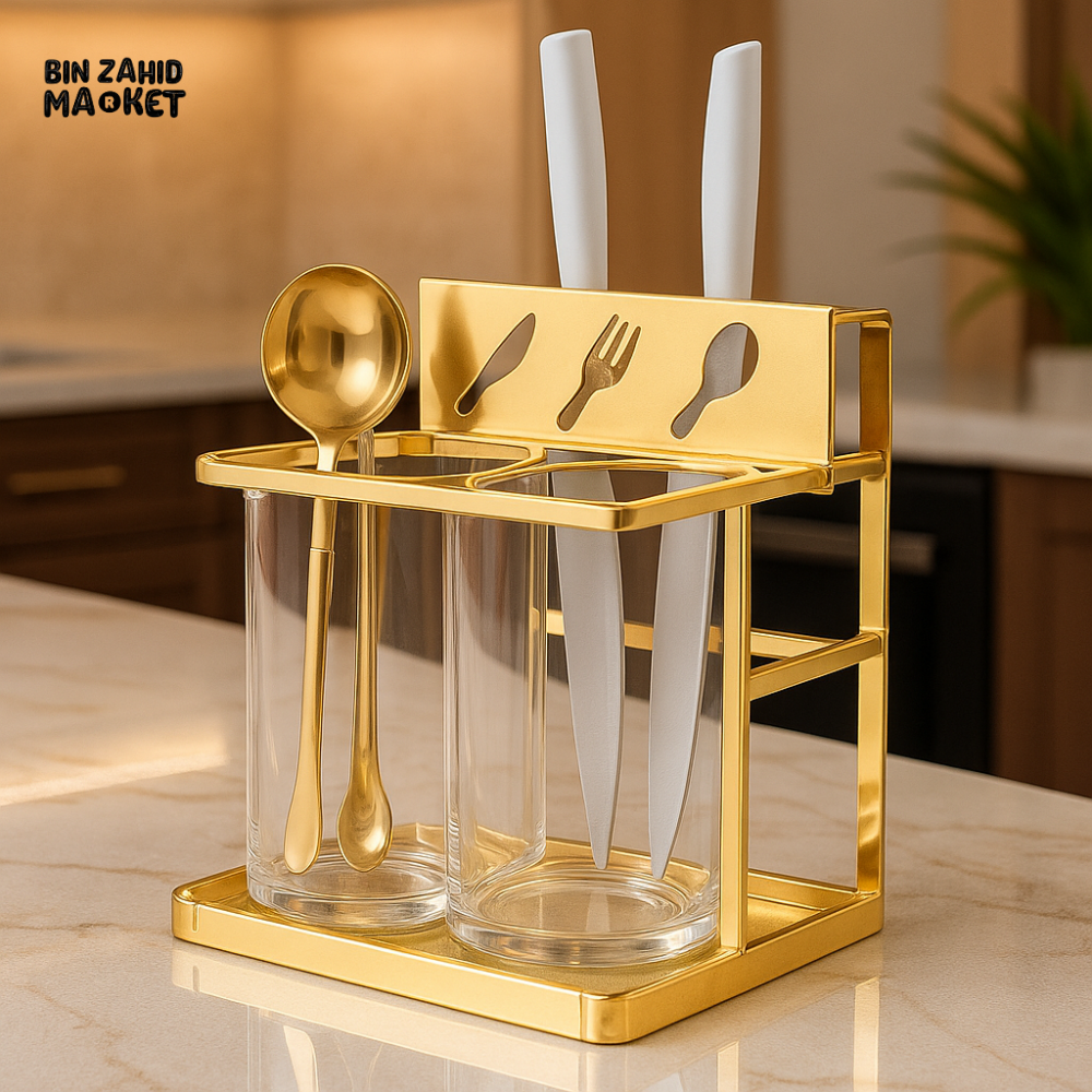 GOLD METAL UTENSIL HOLDER WITH GLASS CONTAINERS – LUXURY KITCHEN COUNTERTOP ORGANIZER - 6207G
