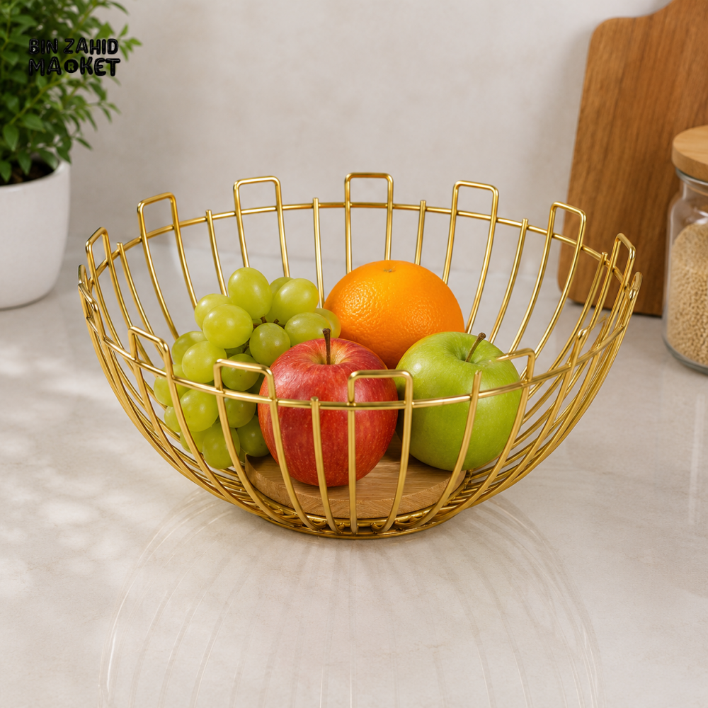 GOLD METAL WIRE FRUIT BASKET WITH ROUND BASE