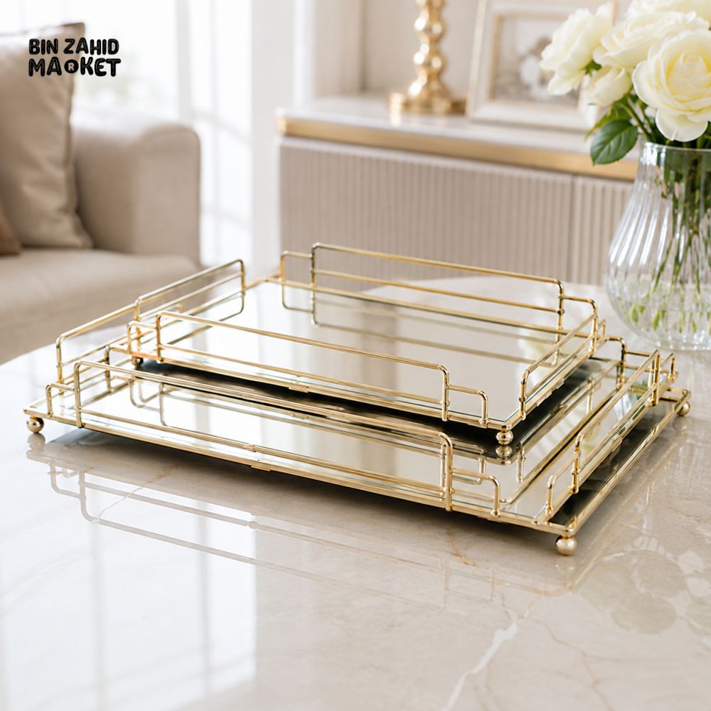 GOLD RECTANGULAR MIRRORED DECORATIVE TRAY SET - 3 PIECE