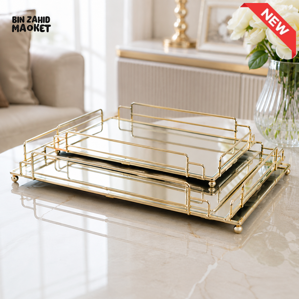GOLD RECTANGULAR MIRRORED DECORATIVE TRAY SET - 3 PIECE