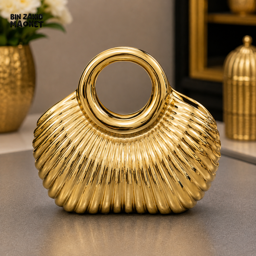 GOLD RIBBED HANDBAG SHAPED DECORATIVE SHOWPIECE