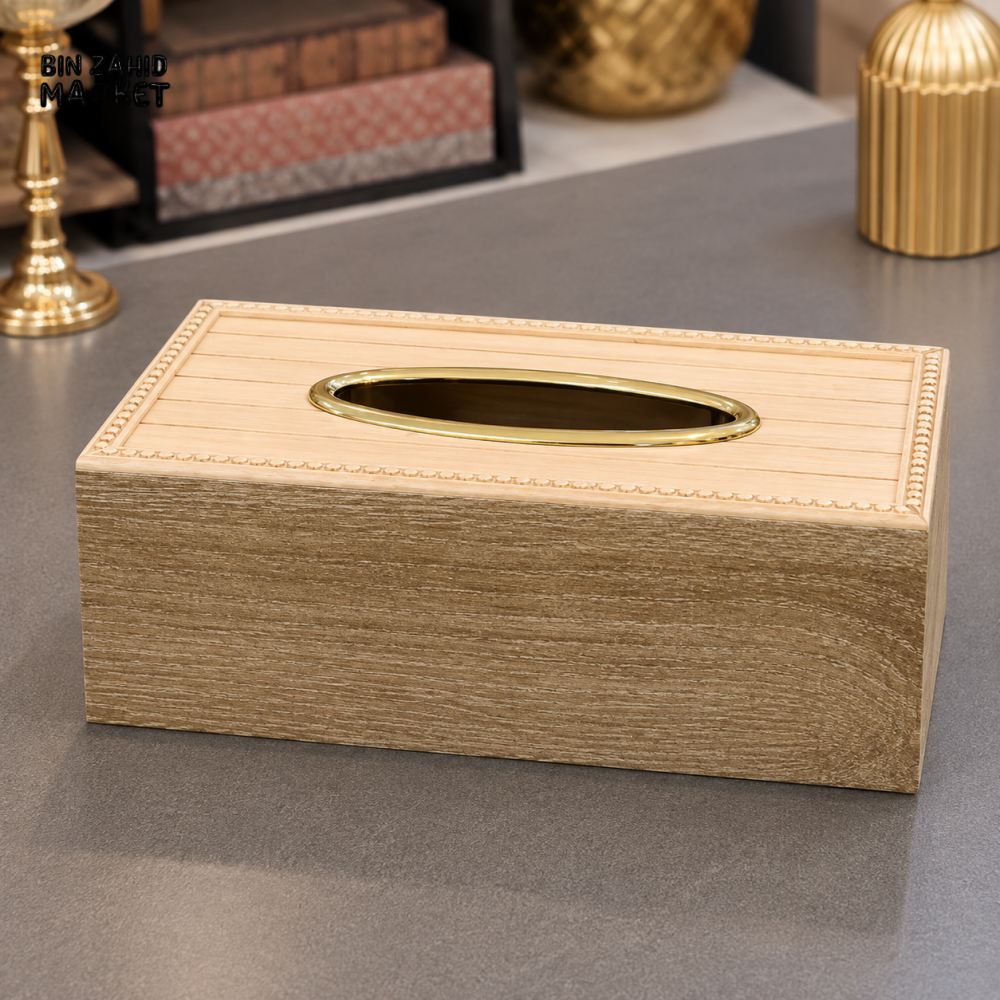 GOLD RIM WOOD LOOK RECTANGULAR TISSUE BOX