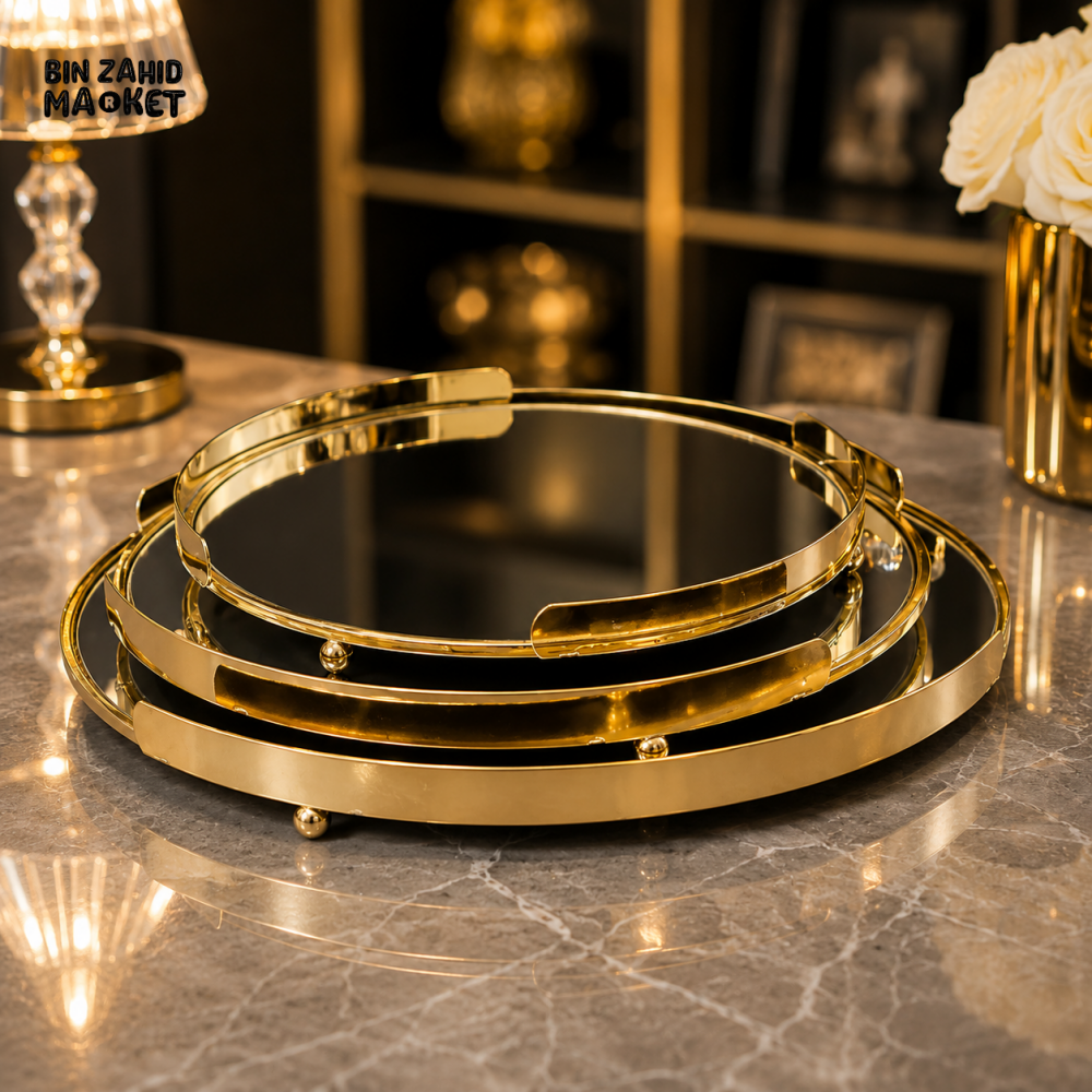 GOLD ROUND MIRRORED DECORATIVE TRAY SET