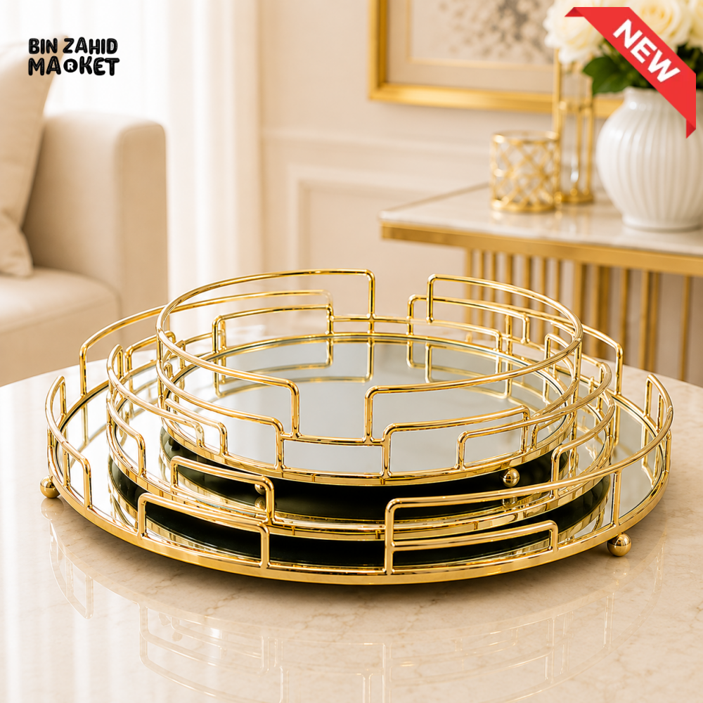 GOLD ROUND MIRRORED DECORATIVE TRAY SETGOLD ROUND MIRRORED DECORATIVE TRAY SET