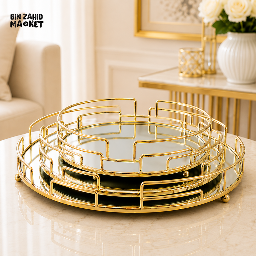 GOLD ROUND MIRRORED DECORATIVE TRAY SETGOLD ROUND MIRRORED DECORATIVE TRAY SET