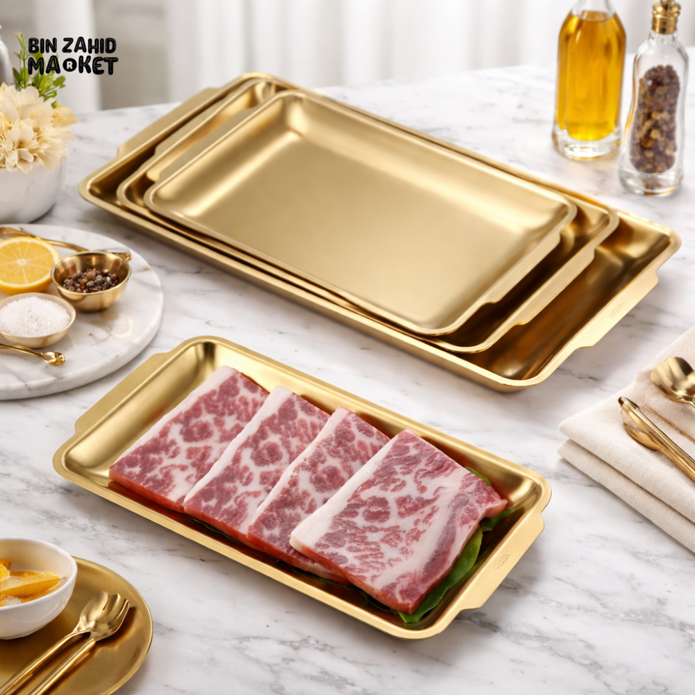 GOLD SERVING TRAY WITH HANDLE – MULTI-PURPOSE FOOD BAKING & DISPLAY TRAY FOR KITCHEN & DINING