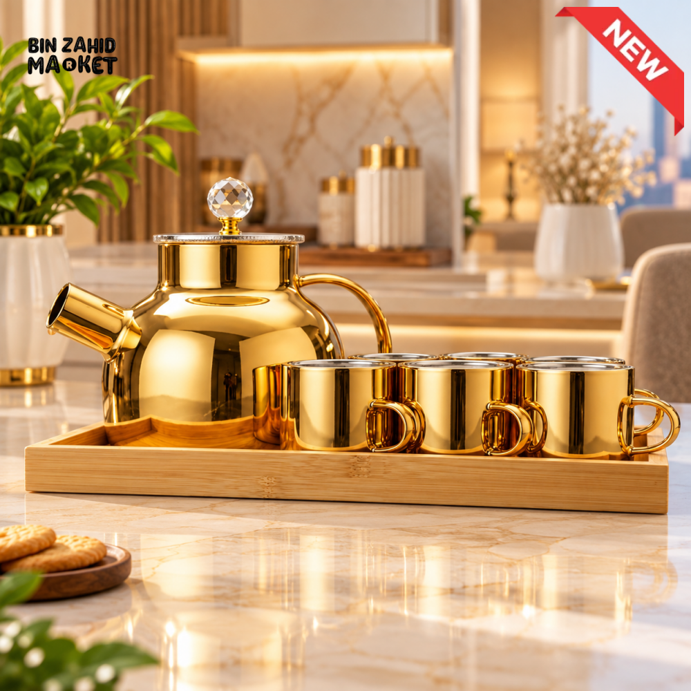 GOLD TEAPOT & CUP SET WITH BAMBOO SERVING TRAY - Tea Sets