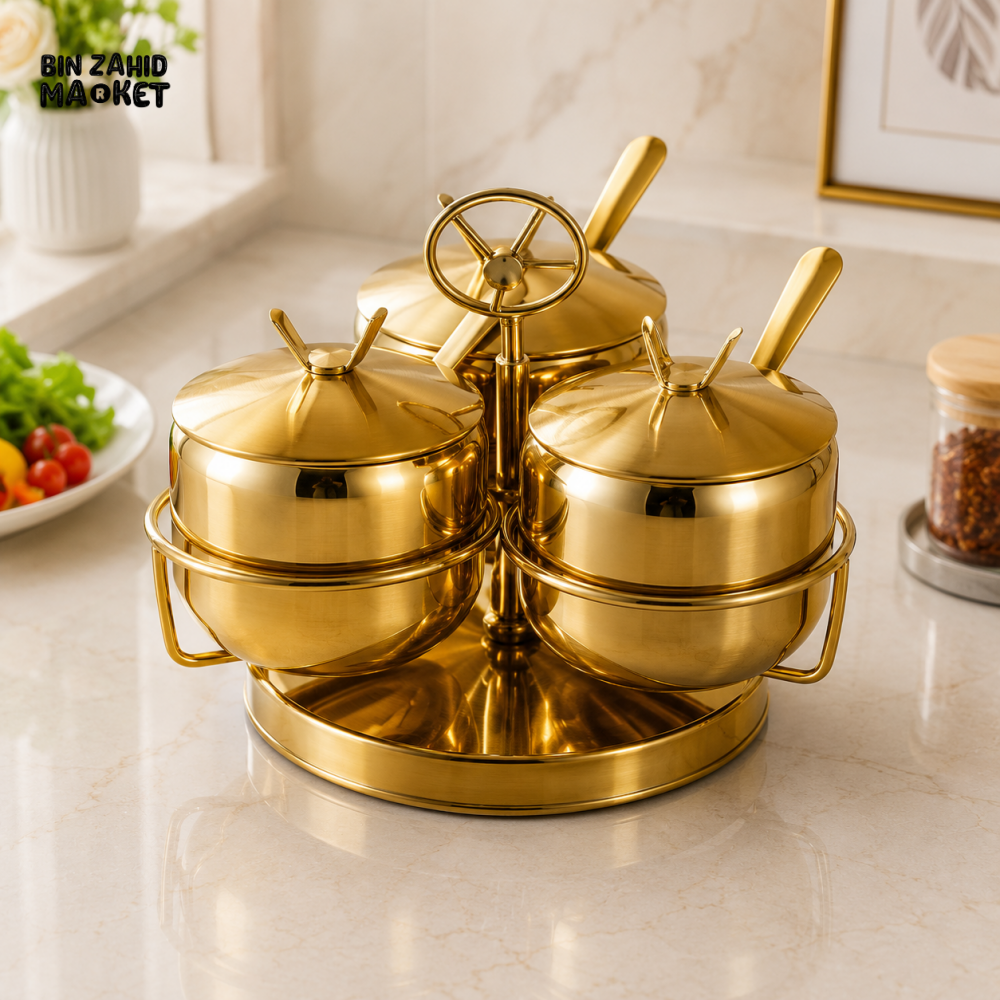 GOLD-TONE 3-PIECE CONDIMENT JAR SET WITH SPOONS & STAND