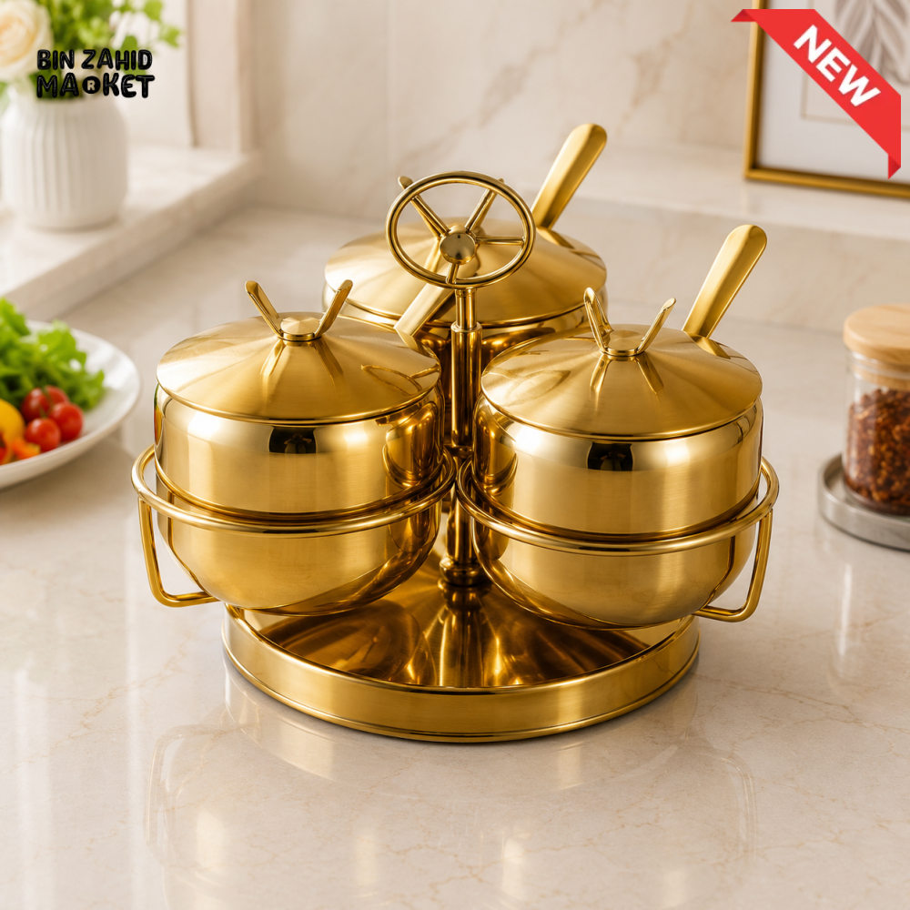 GOLD-TONE 3-PIECE CONDIMENT JAR SET WITH SPOONS & STAND