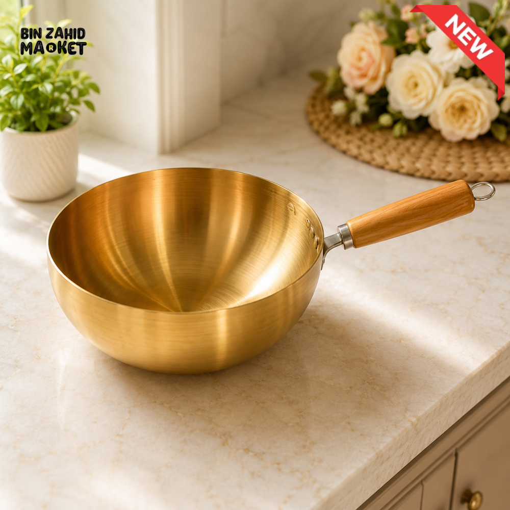 GOLD-TONE DEEP COOKING PAN WITH WOODEN HANDLE - 18 CM