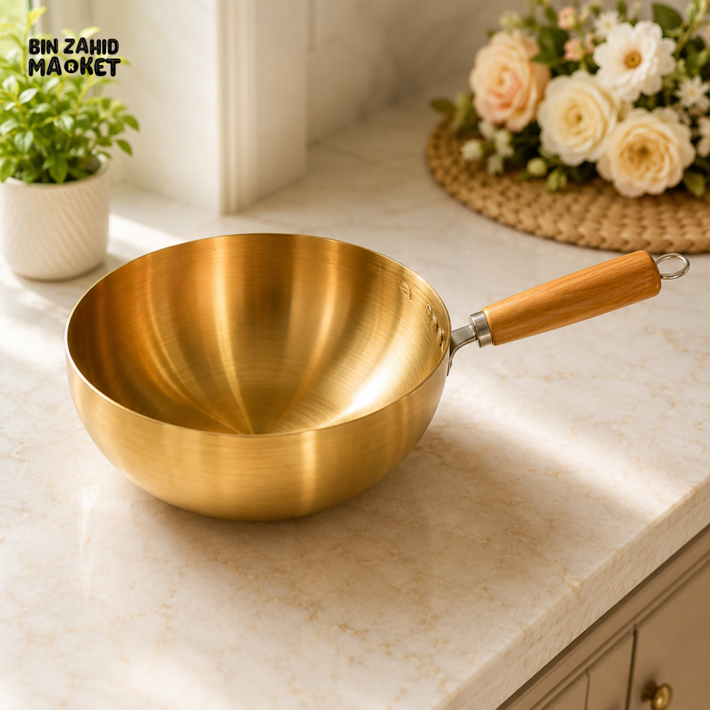 GOLD-TONE DEEP COOKING PAN WITH WOODEN HANDLE - 18 CM