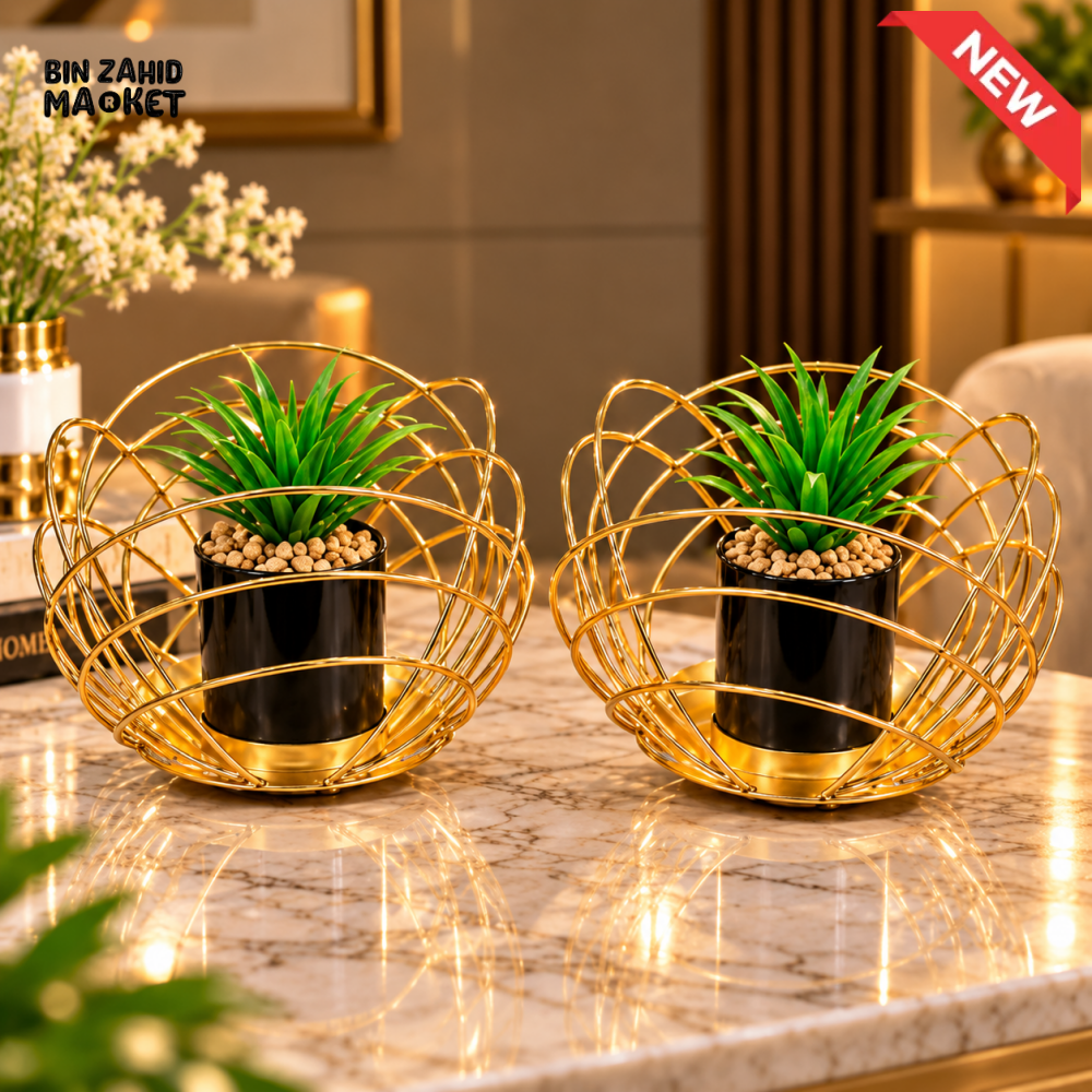 GOLD WIRE DECORATIVE ARTIFICIAL PLANT POT 2 PIECE SET - Artificial Plants & Flowers