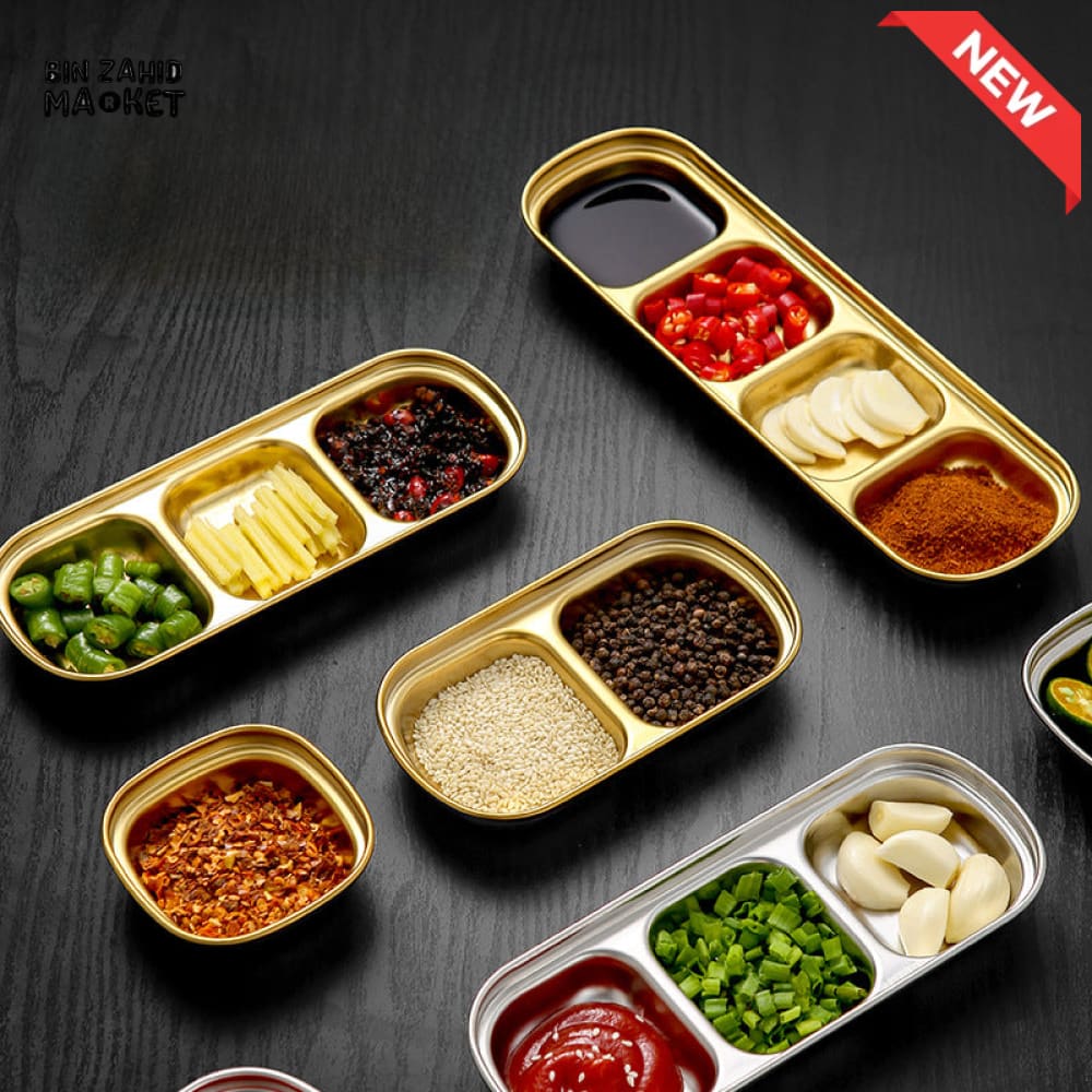 GOLDEN 3 PARTITION STAINLESS STEEL DIP BOWLS – LUXURY SAUCE PLATE & SEASONING TRAY FOR BBQ VINEGAR SPICES KETCHUP SALT