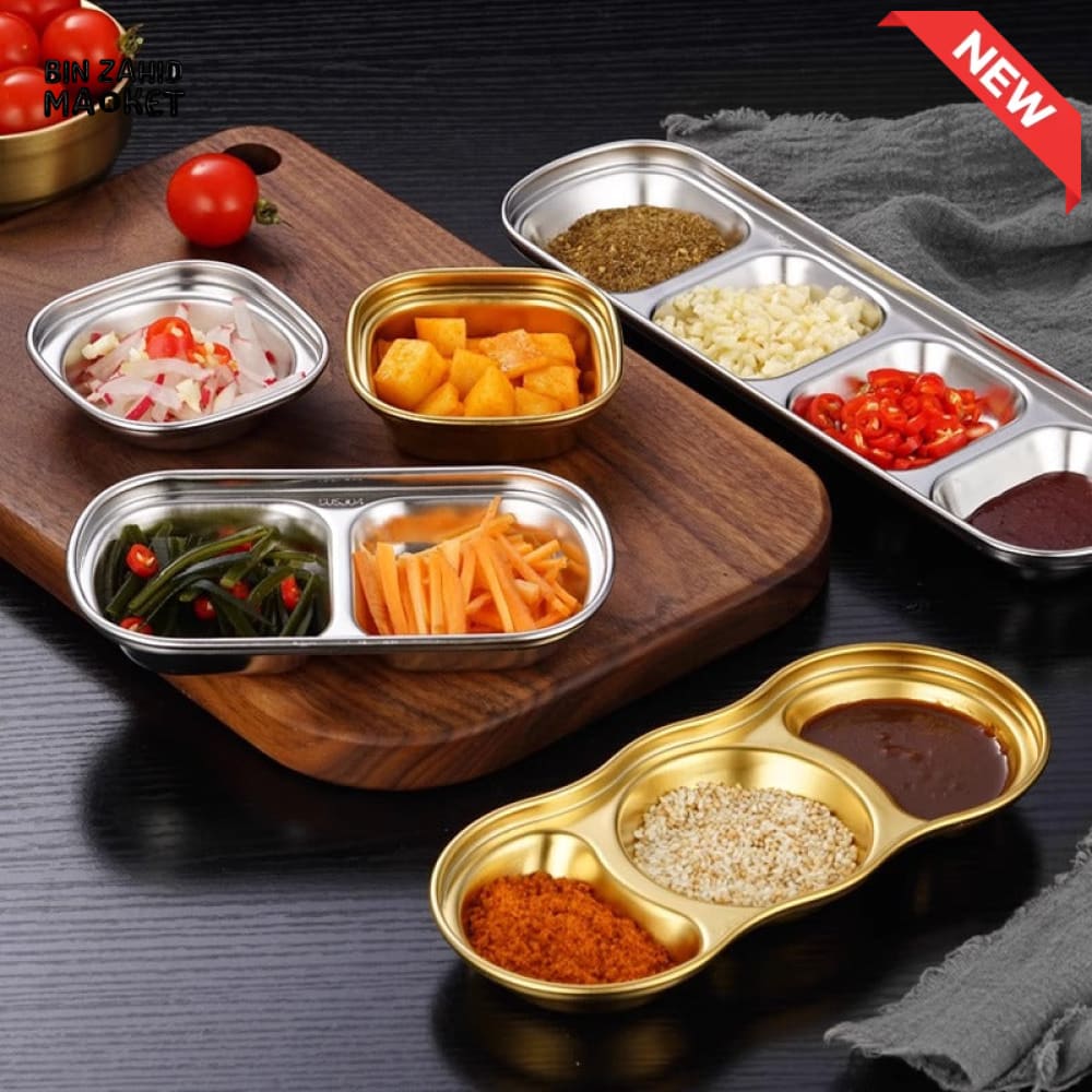 GOLDEN 3 PARTITION STAINLESS STEEL DIP BOWLS – LUXURY SAUCE PLATE & SEASONING TRAY FOR BBQ VINEGAR SPICES KETCHUP SALT